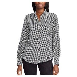 EUC Chaps Women's Black & White Houndstooth Collared Blouse Top Size Large